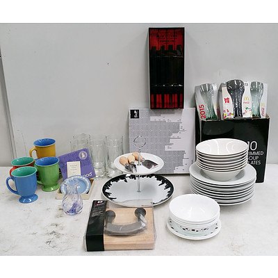 Assorted Kitchenwares Including; Glasses, Plates, Mugs, Cake Stands, Cheese Knives, Chop Stick and Placemat Set and More