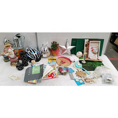 Large Lot of Assorted Homewares Including; Garden Gnomes, Small Watering Can, Helmet, Decorative Fake Plant, Razer Gaming Mouse Pad, Work Mats and More