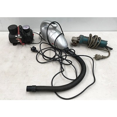 Makita Angle Grinder, Piranha Turbo Vac & Cigarette Lighter Air Compressor