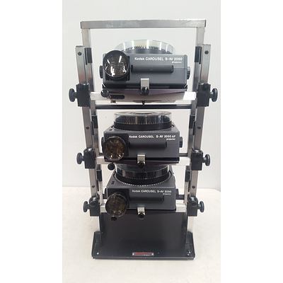 3x Kodak Carousel S-AV 2050 Slides Projector + Shelf fits 3 projectors