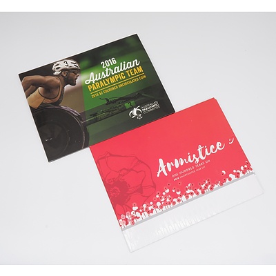 Armistice One Hundred Years On 2018 Uncirculated Year Set and 2016 Australian Paralympic Team 2016 $2 Coloured Uncirculated Coin