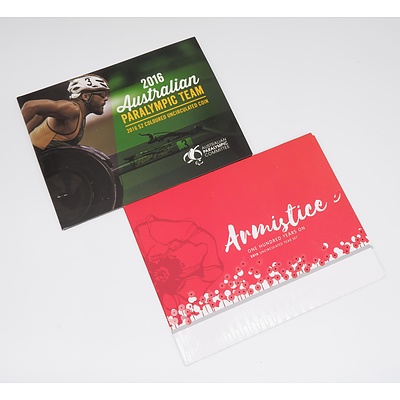Armistice One Hundred Years On 2018 Uncirculated Year Set and 2016 Australian Paralympic Team 2016 $2 Coloured Uncirculated Coin