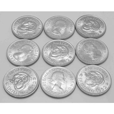 AUSTRALIA Silver Coins: Collection of Shillings 1962 (x9)