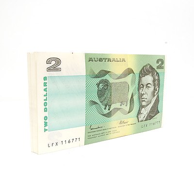 100 Consecutively Numbered Uncirculated $2 Johnston/Fraser Paper Notes LFX116771-LFX116870
