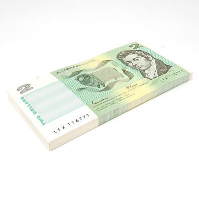 100 Consecutively Numbered Uncirculated $2 Johnston/Fraser Paper Notes LFX116771-LFX116870