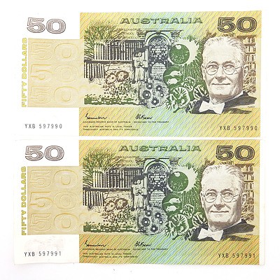 Two Consecutively Numbered $50 Johnston/ Fraser Paper Notes, YXB597990-YXB597991