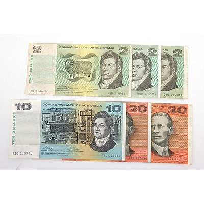 Six Commonwealth of Australia Paper Notes, Including Phillips/ Wheeler $20 XGV737136, Coombs/ Wilson $20 XAS157530