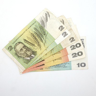 Six Commonwealth of Australia Paper Notes, Including Phillips/ Wheeler $20 XGV737136, Coombs/ Wilson $20 XAS157530