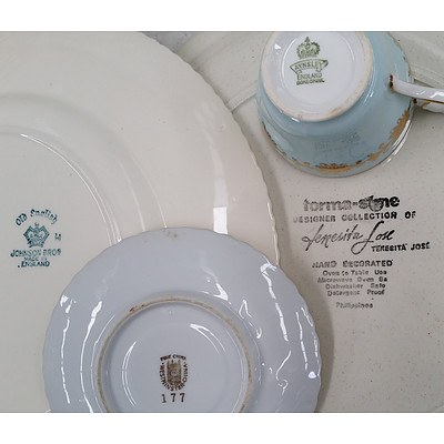 60 Piece Forma Stone Teressita Hand Decorated Dinner Set, Aynsely Bone China English Cup, Westminster China Saucer, Old English Johnson Bros Plates, Tea Towels and More