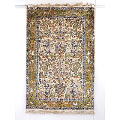Kashmiri Hand Knotted Silk Pile Pictorial Tree of Life Rug, Late 20th Century