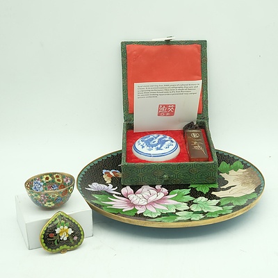 Chinese Cloisonne Plate, Cloisonne Heart-Shaped Pendant, Seal and More