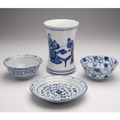 Three 19th Century Chinese Blue and White Dishes, and a Chinese Blue and White Brush Pot 20th Century