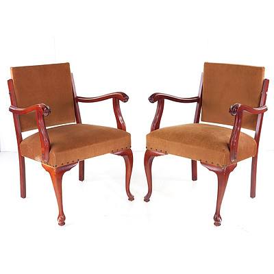 Two Vintage Armchairs with Velvet Upholstery and Cabriole Legs