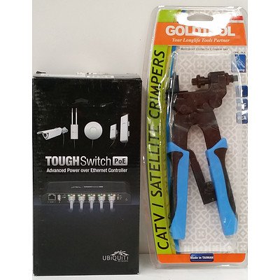 Ubiquiti TS-5 Tough Switch PoE Advanced Power over Ethernet Controller and Goldtool CATV Satellite Crimpers