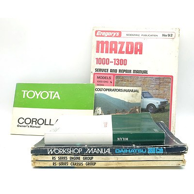 Group of Japanese Make Car Owner and Repair Manuals Including 'Daihatsu 360 Cab Workshop Manual', 'Toyota Crown Repair Manual', 'Mazda 1000-1300 Service and Repair Manual' and More