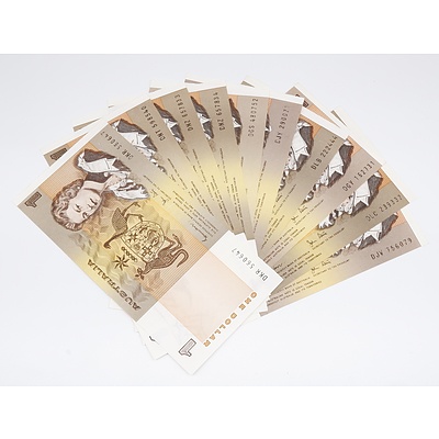 Ten 1982 Australian One Dollar Banknotes - Uncirculated