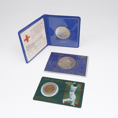 1987 New South Wales Ten Dollar Silver Proof Coin, Don Bradman 1996 Five Dollar Coin and 1966 Jamaica Five Shillings