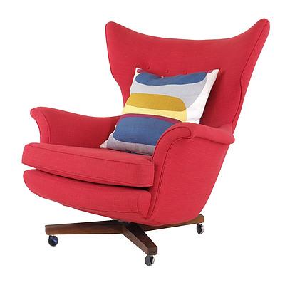 Fine Quality Newly Upholstered 1960's Wingback Armchair with Swivel Base