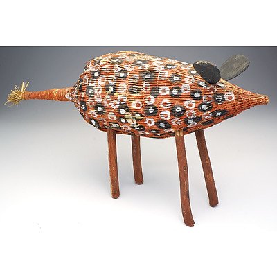 Attributed to Lena Yaringura (1958-) Camp Dog (Jamu), Woven Pandanus Fibre, Wood and Ochre