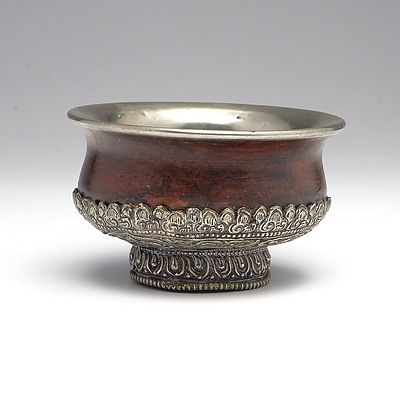 Tibetan Silver Mounted Wood Yak Butter and Tsampa Tea Bowl