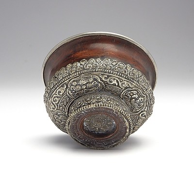Tibetan Silver Mounted Wood Yak Butter and Tsampa Tea Bowl