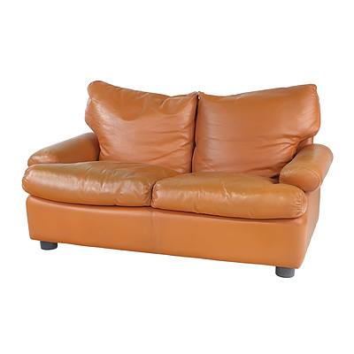 Pair of Italian 1970s Tan Leather 'Simona' Two Seater Lounges Designed by Francesco Buzzi Ceriani for Ferruccio Brunati, Meda