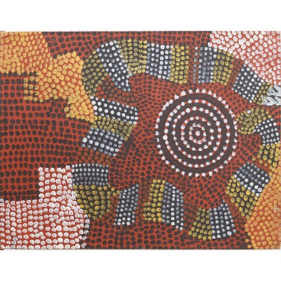 Billy Stockman Tjapaltjarri (Anmatyerr c.1927-) Snake Totem c.1979, Acrylic on Artist's Board 