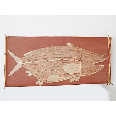 Paddy Djakala (1952-) Barramundi 1980, Ochre on Bark