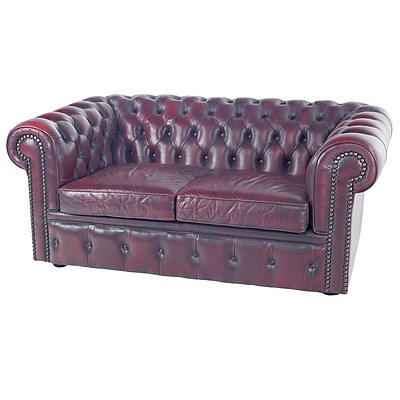 Moran Burgundy Leather Button Upholstered Two Seater Sofa