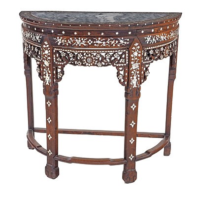 Chinese Hongmu Rosewood Pearl Shell Inlaid and Marble Top Demi Lune Console Table, Late 19th/Early 20th Century