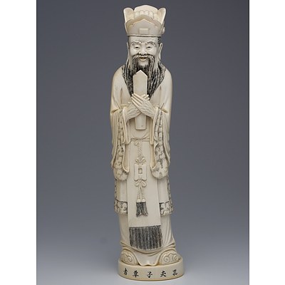 Fine Chinese Inscribed and Stained Ivory Figure of a Sage, Early to Mid 20th Century