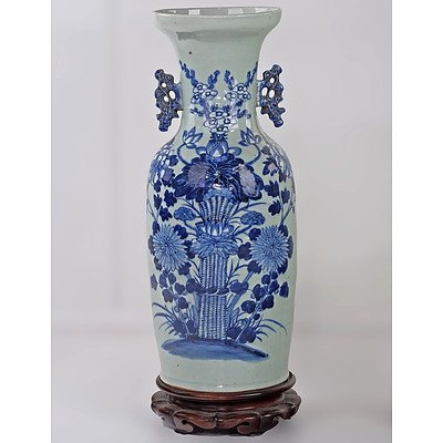 Large Chinese Celadon Ground and Underglaze Blue and White Vase Decorated with a Flower Bunch, Late 19th/Early 20th Century