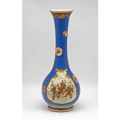 Tall Japanese Satsuma Vase with Blue Ground, Meiji Period 1868-1912
