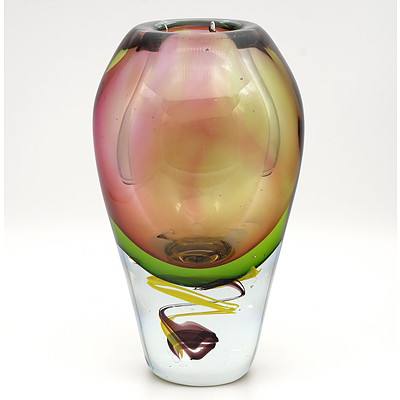 Vintage Heavy Art Glass Cased 'Sommerso' and Internally Decorated Vase