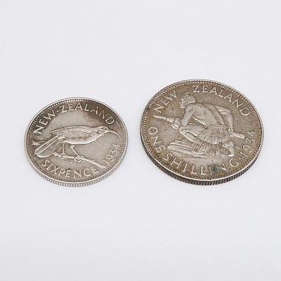 1934 New Zealand Six Pence and 1934 New Zealand One Shilling