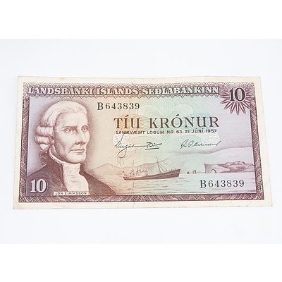 1957 Iceland Ten Kronur Banknote