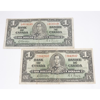 Two 1937 Bank of Canada One Dollar Banknotes