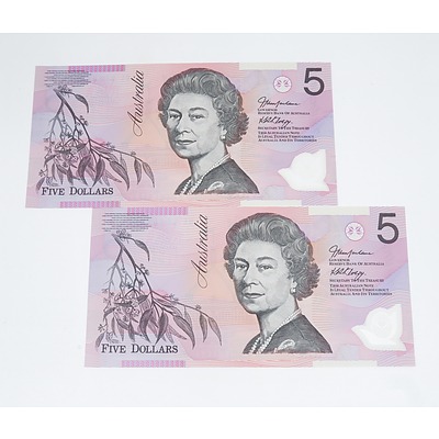 Two 2005 Australia Five Dollar Banknotes - Uncirculated