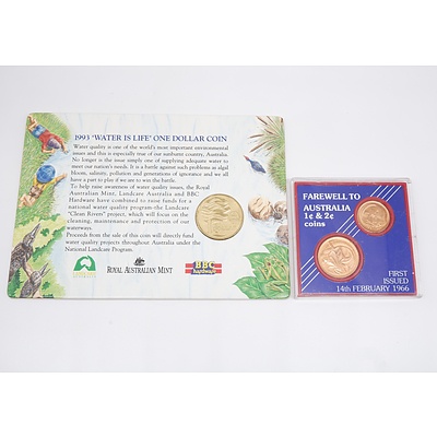 1993 Water is Life One Dollar Coin and 1966 Farewell to Australia 1c & 2c Coins