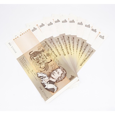 Ten 1982 Australia One Dollar Banknotes Johnston/Stone