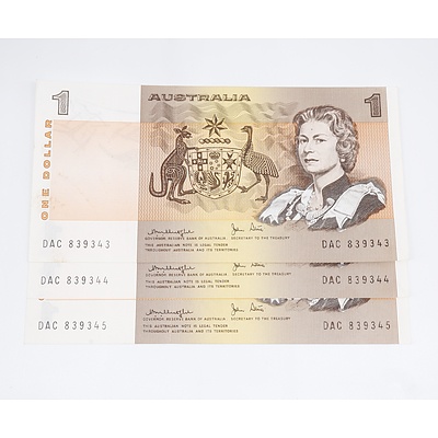 Three 1977 Australia One Dollar Banknotes Knight/Stone Consecutively Numbered
