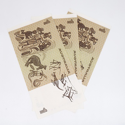 Three 1977 Australia One Dollar Banknotes Knight/Stone Consecutively Numbered