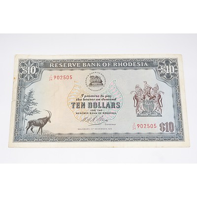 1973 Bank of Rhodesia Ten Dollar Banknote