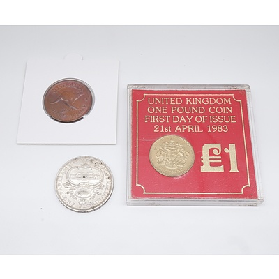 1927 Australia Parliament House Florin, 1959 Australia Half Penny and 1983 United Kingdom One Pound Coin First Day of Issue