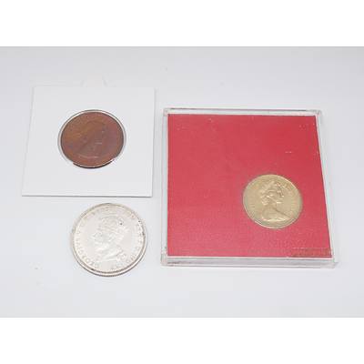 1927 Australia Parliament House Florin, 1959 Australia Half Penny and 1983 United Kingdom One Pound Coin First Day of Issue