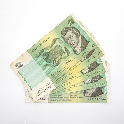 Five Australia $2 Paper Notes, Knight/Stone and Johnson/ Fraser