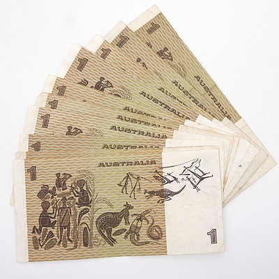 Ten Australia $1 Paper Notes, Knight/Stone and Johnson/ Stone