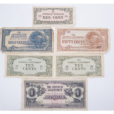 Six Japanese Occupation Currency Notes