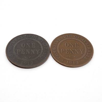 1912 H Under Scroll and 1913 Australian Penny