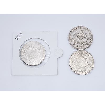 1953 Australian Florin, 1943 Australian Florin and 1936 One Florin Two Shillings